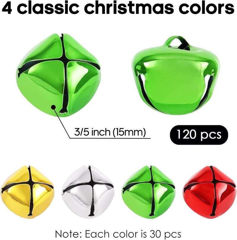 LIGHOON Jingle Bells for Crafts, 120 Pcs 3/5 Inch Christmas Bells DIY Colorful Craft Bells Bulk for Christmas Home Pet Decorations Festival Party Supplies Favors (Red Green Silver Gold) - Image 2